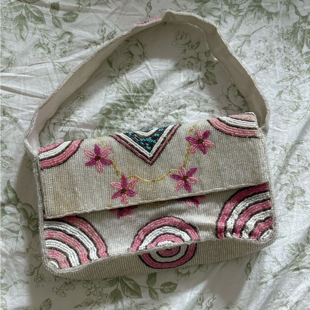 Pink and Cream Artistic Shoulder Bag with Embroidery